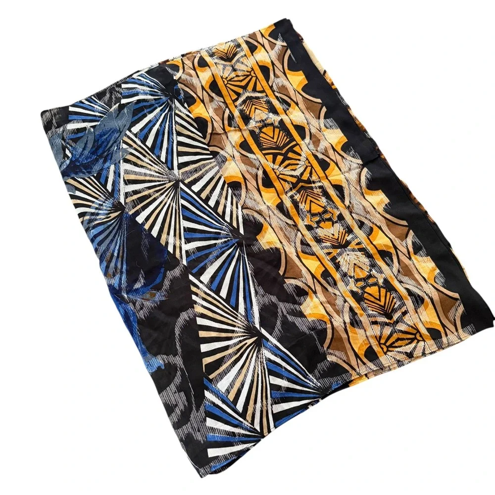 Chicos Women Blue Gold Geometric Floral Silk Blend Lightweight Rectangular Scarf